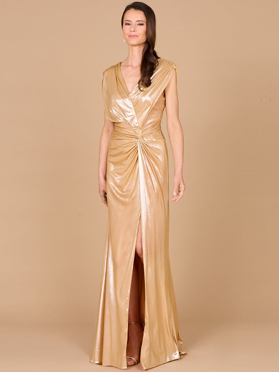 V-Neck Metallic Dress with Slit - OUTLET by Lara New York