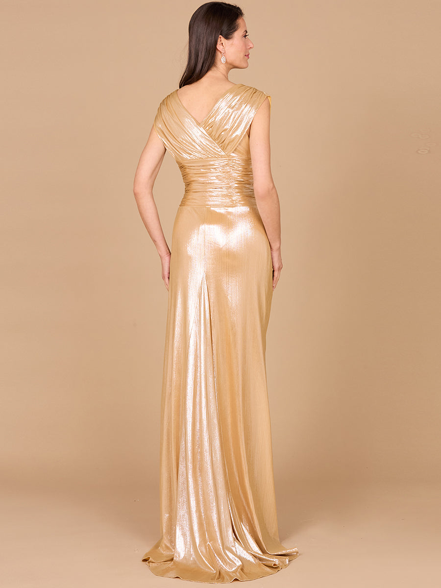 V-Neck Metallic Dress with Slit - OUTLET by Lara New York