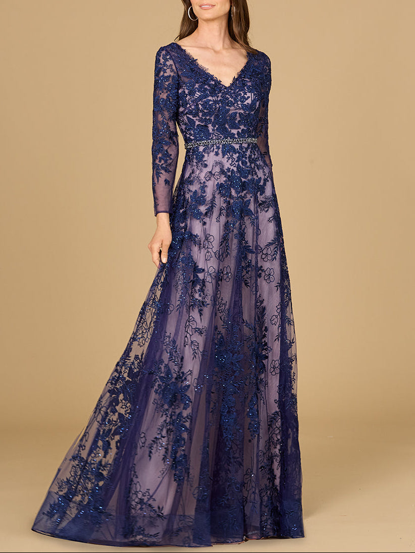 Long Sleeve V-Neck Lace Gown with Beaded Belt by Lara New York