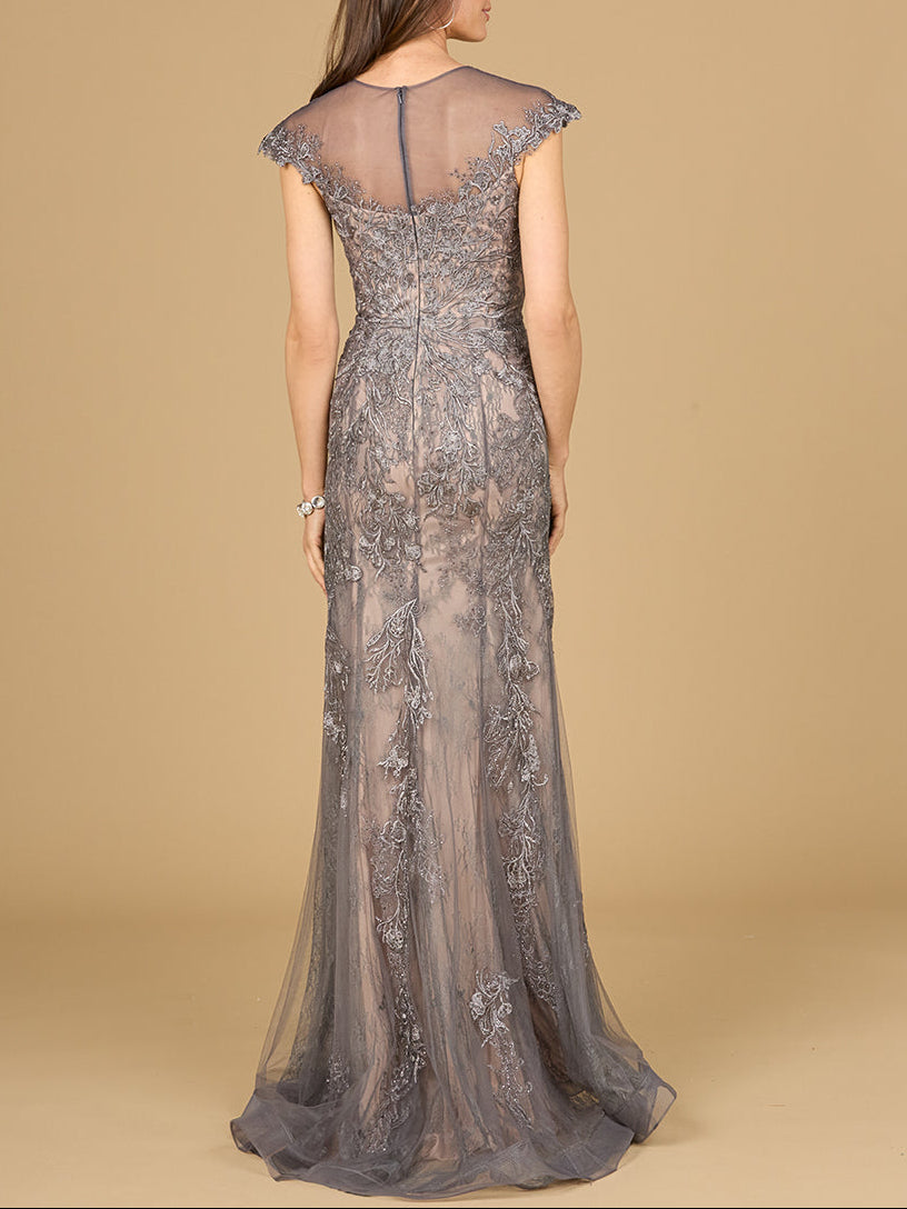 Sheath Lace Gown with Cap Sleeves by Lara New York