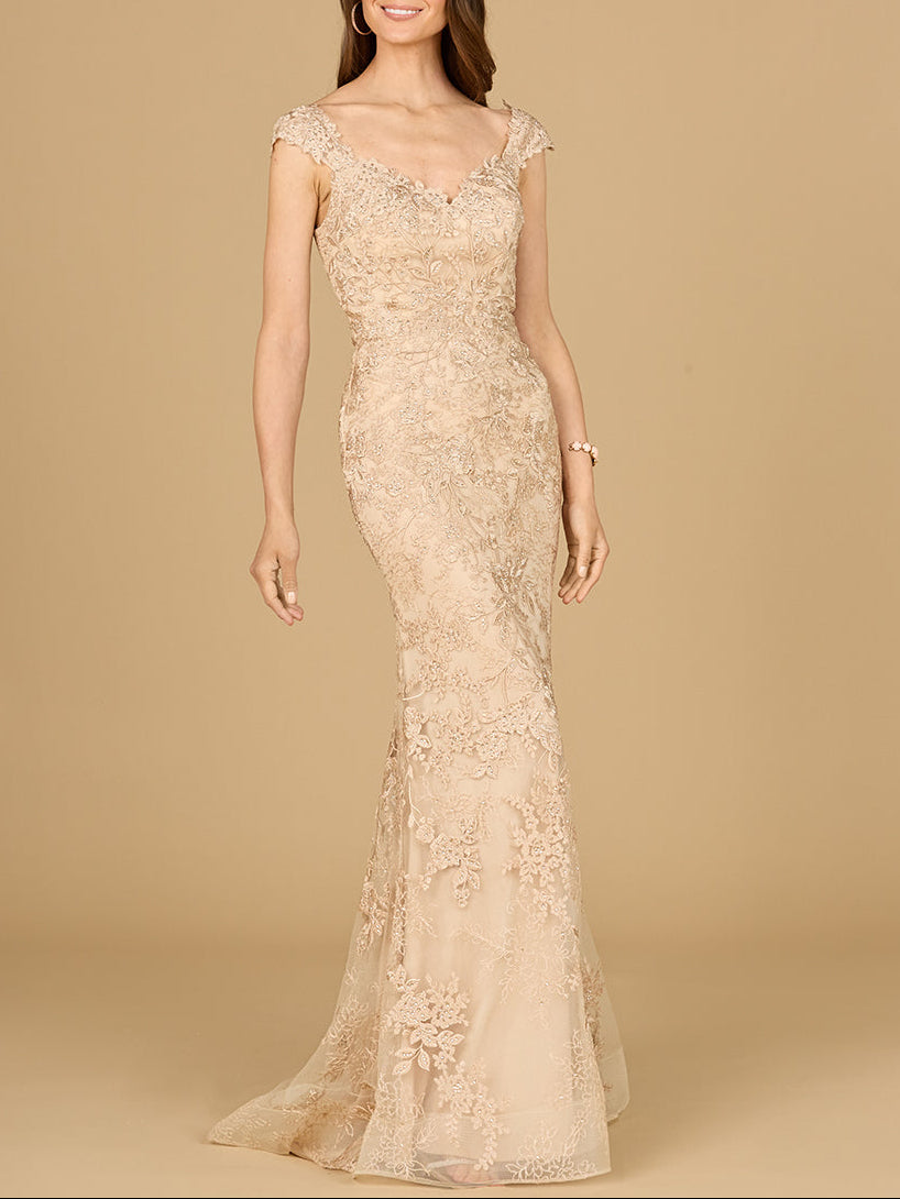 Mermaid Lace Gown with Cap Sleeves by Lara New York
