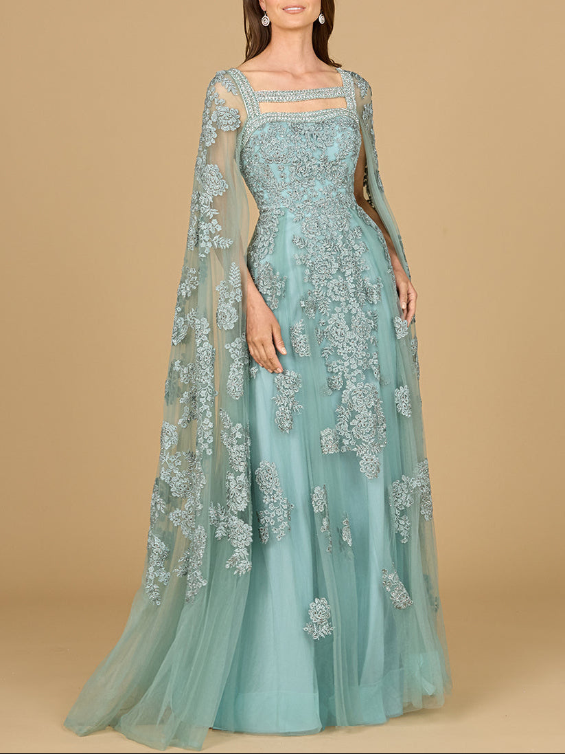 Lace Embroidered Gown with Long Cape Sleeves by Lara New York