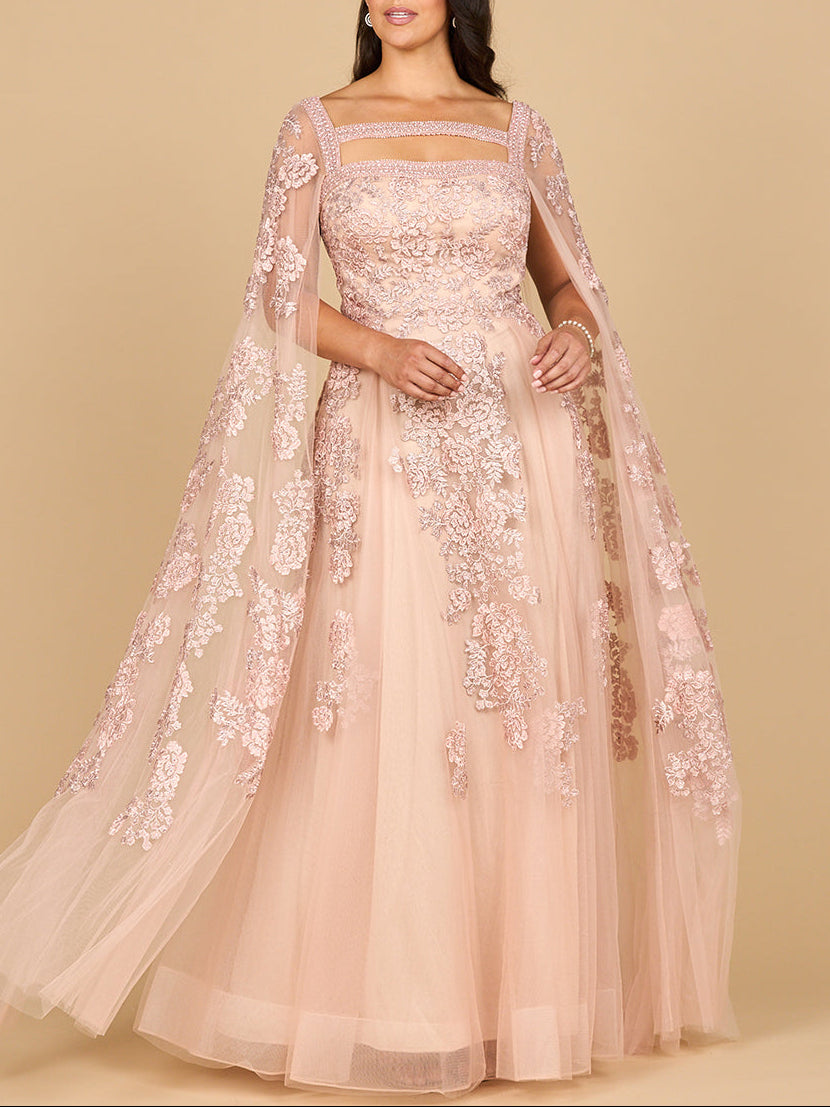 Lace Embroidered Gown with Long Cape Sleeves by Lara New York