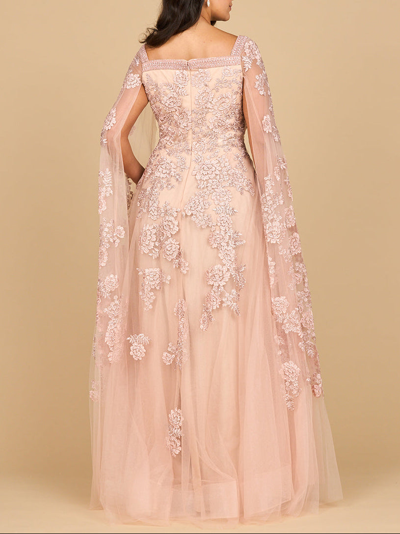 Lace Embroidered Gown with Long Cape Sleeves by Lara New York