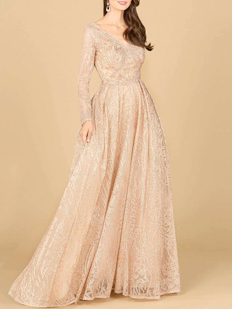 Long Sleeve, A-line Gown with a V-Neckline by Lara New York