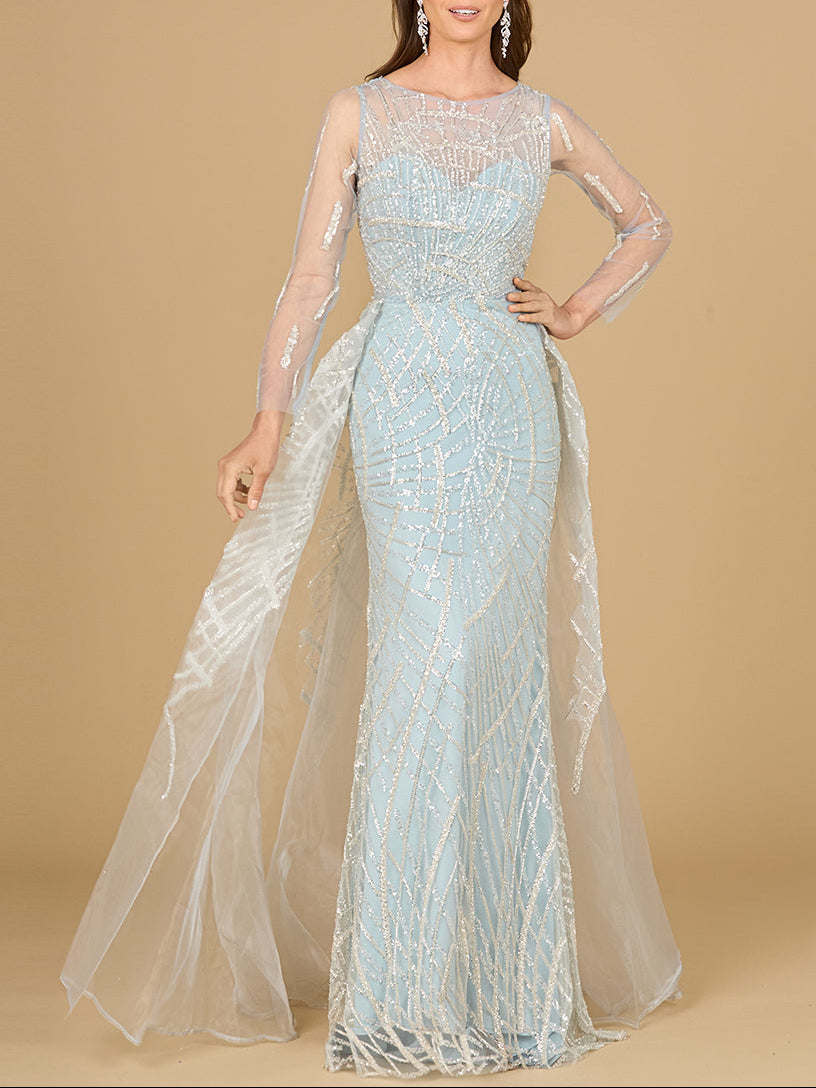 Long Sleeve Lace Gown with Tulle Overskirt by Lara New York