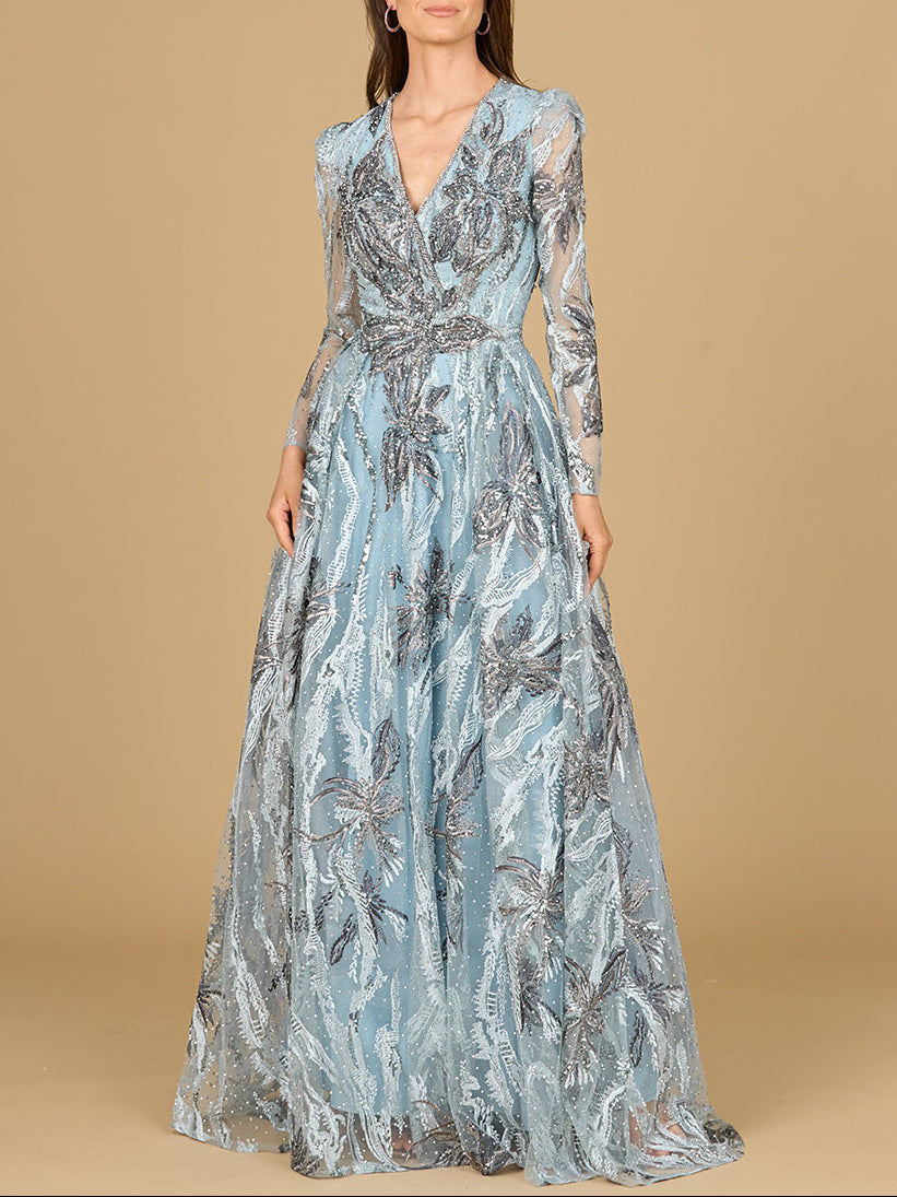 Long Sleeve V-Neck A-Line Gown by Lara New York