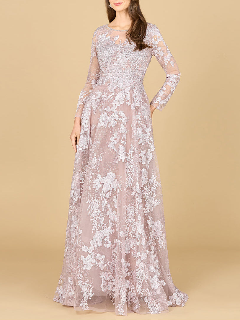 Long Sleeve, Illusion Neck Gown by Lara New York