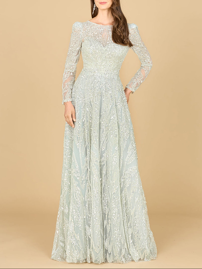 Long Sleeve Beaded Lace Gown by Lara New York