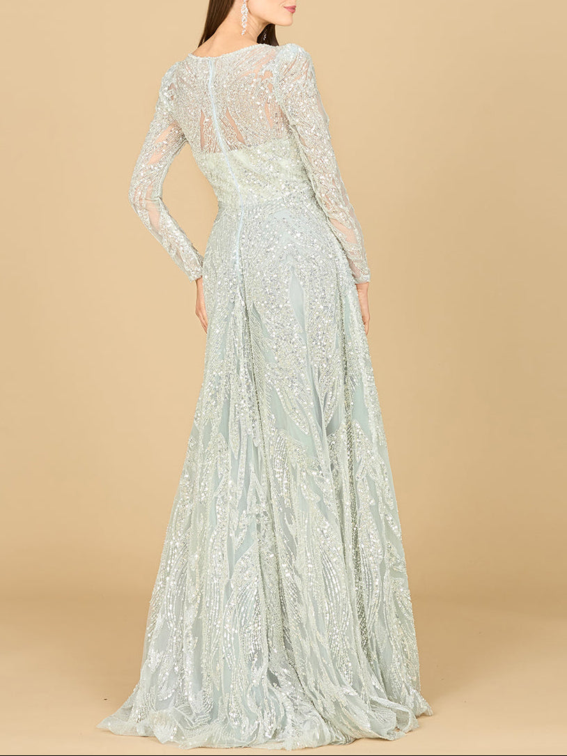 Long Sleeve Beaded Lace Gown by Lara New York