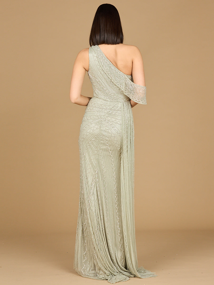 Beaded One Shoulder Dress with Train by Lara New York
