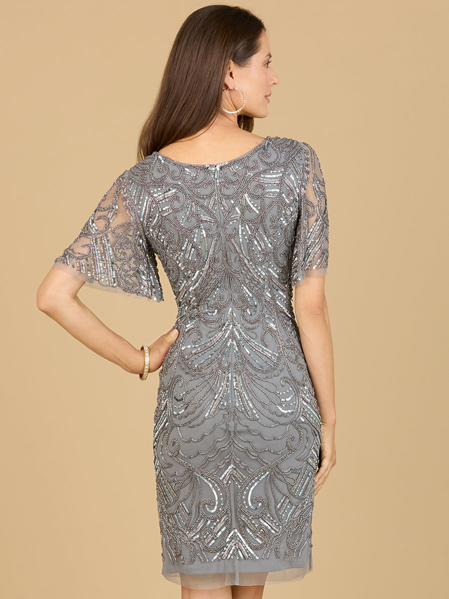 Beaded Cocktail Dress with Short Sleeves - OUTLET by Lara New York