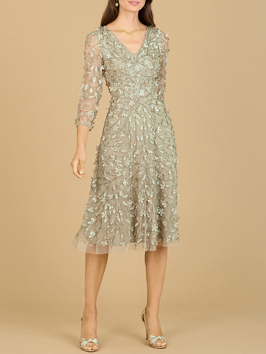 Flowing, 3D Embroidered Midi Dress with Sleeves by Lara New York