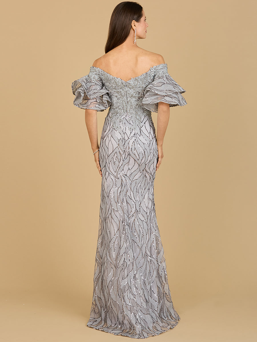Off Shoulder Mermaid Beaded Gown with Tiered Sleeves by Lara New York