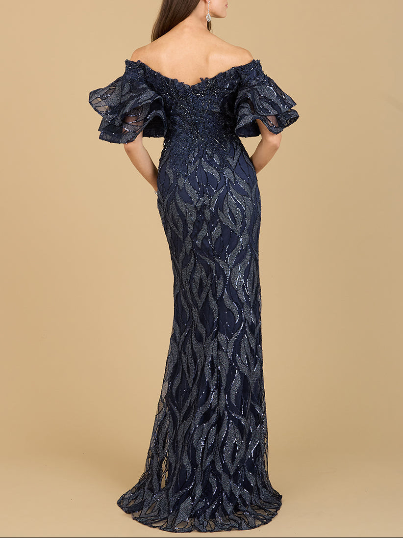 Off Shoulder Mermaid Beaded Gown with Tiered Sleeves by Lara New York