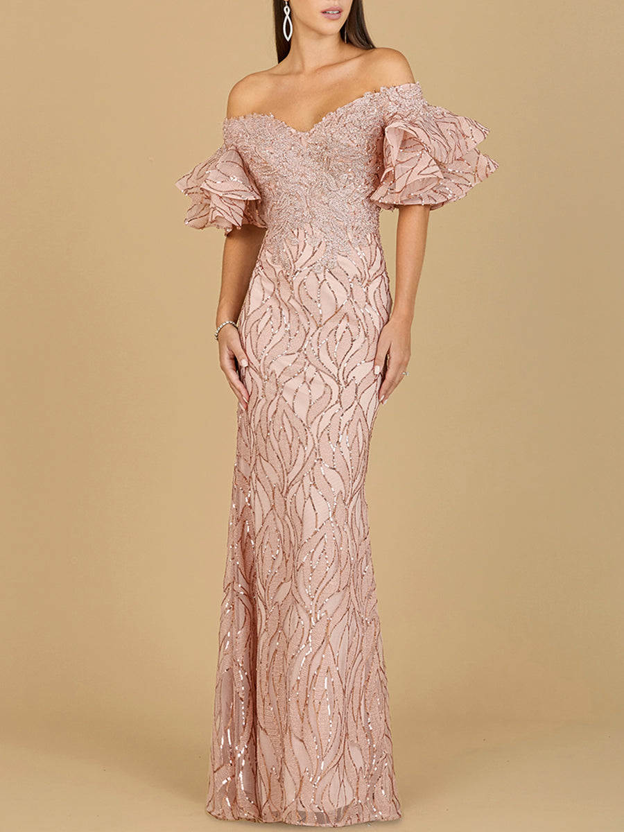 Off Shoulder Mermaid Beaded Gown with Tiered Sleeves by Lara New York