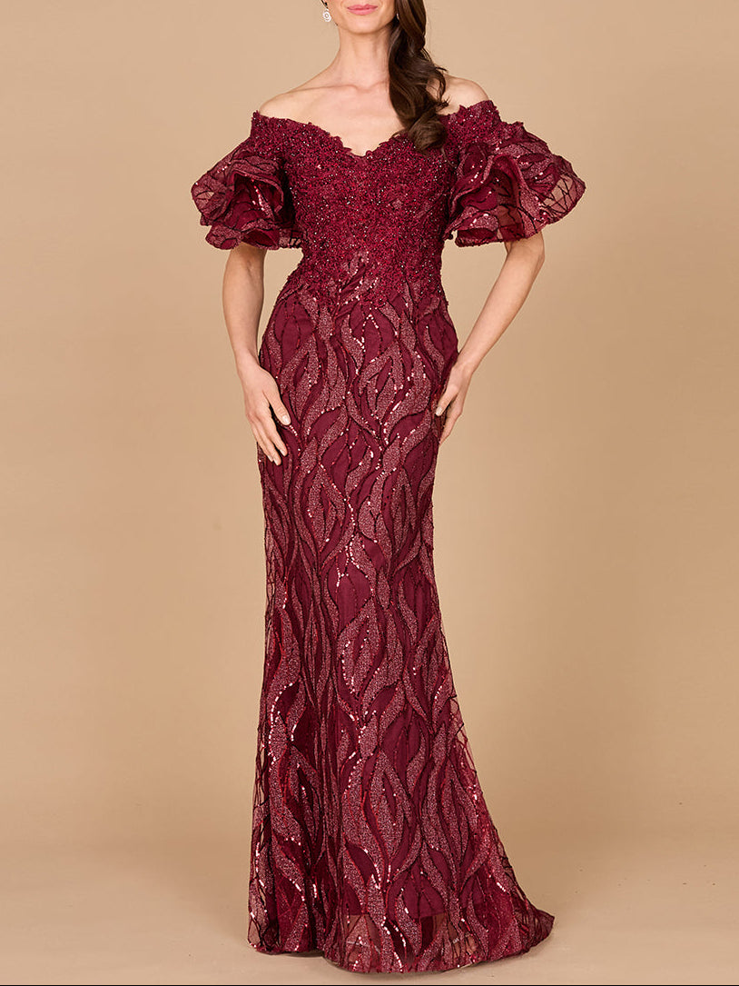 Off Shoulder Mermaid Beaded Gown with Tiered Sleeves by Lara New York