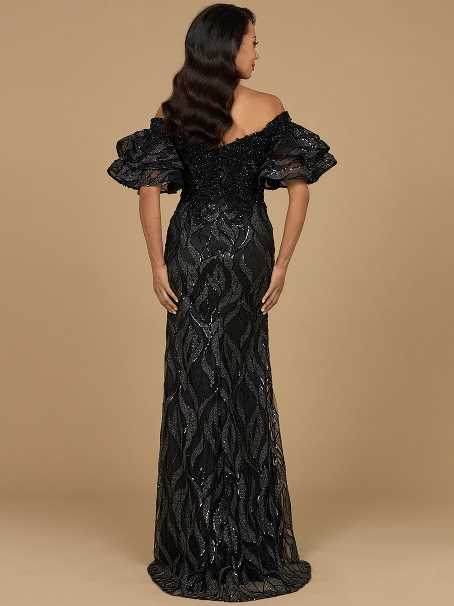 Off Shoulder Mermaid Beaded Gown with Tiered Sleeves by Lara New York