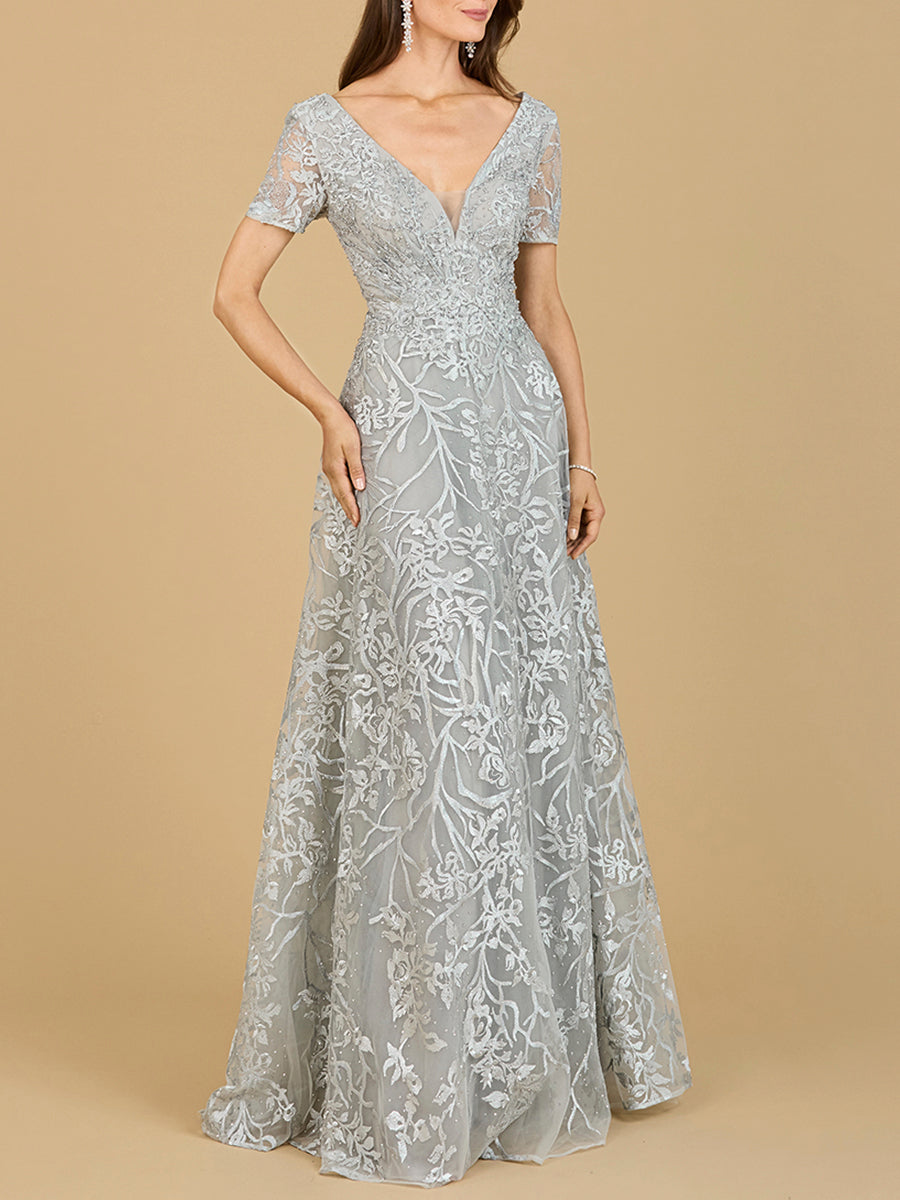 Short Sleeve Lace A-Line Dress with V-Neckline by Lara New York