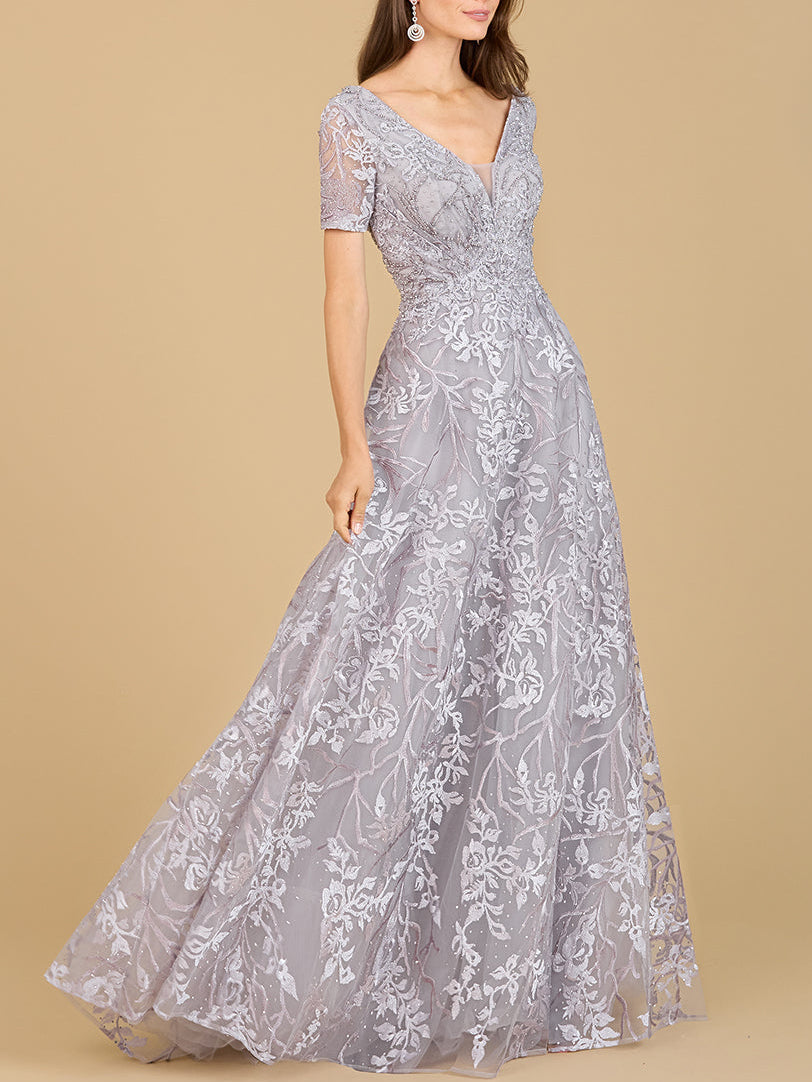 Short Sleeve Lace A-Line Dress with V-Neckline by Lara New York