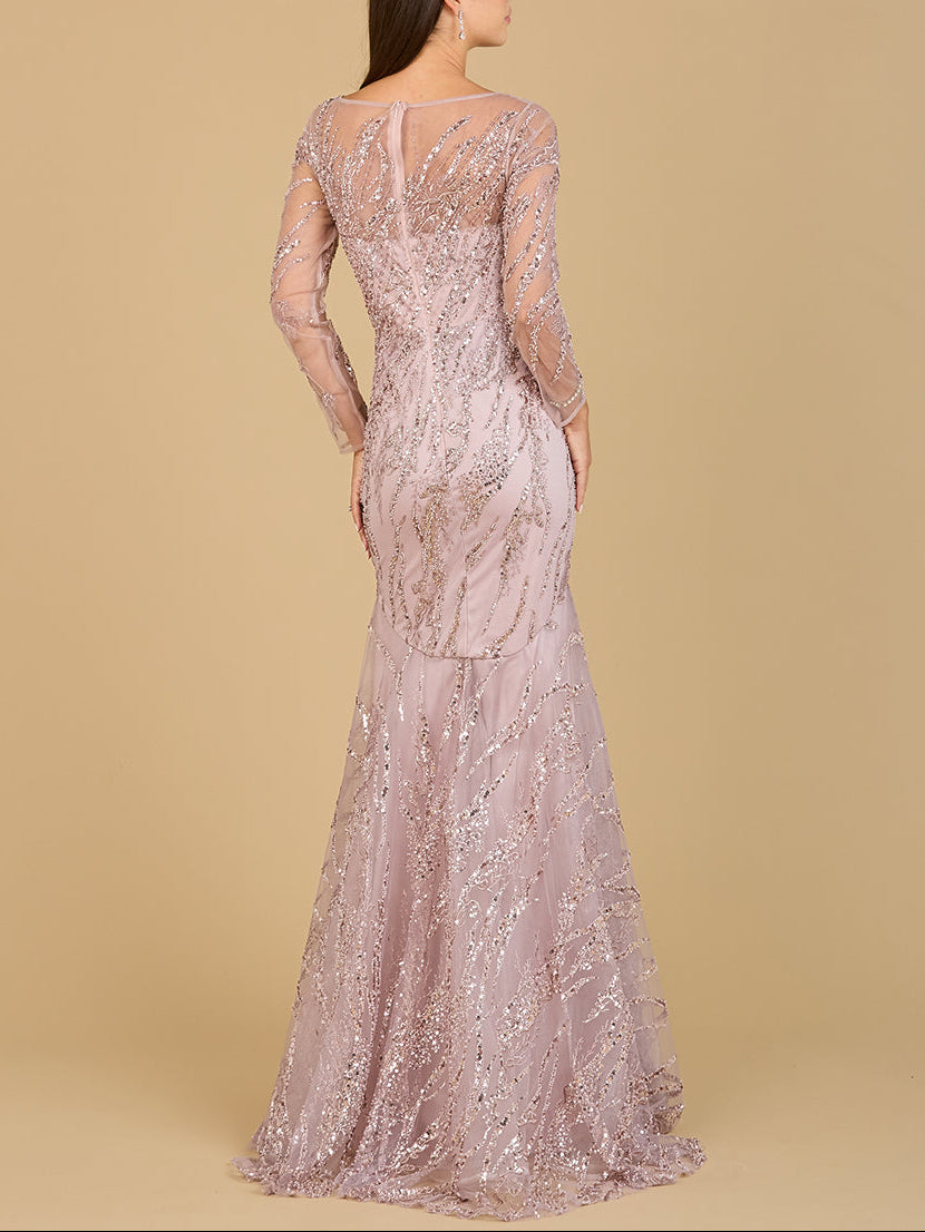 Long Sleeve Mermaid Beaded Gown by Lara New York