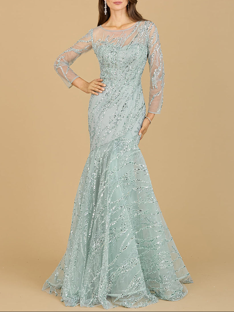Long Sleeve Mermaid Beaded Gown by Lara New York