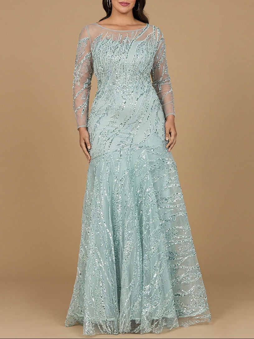 Long Sleeve Mermaid Beaded Gown by Lara New York
