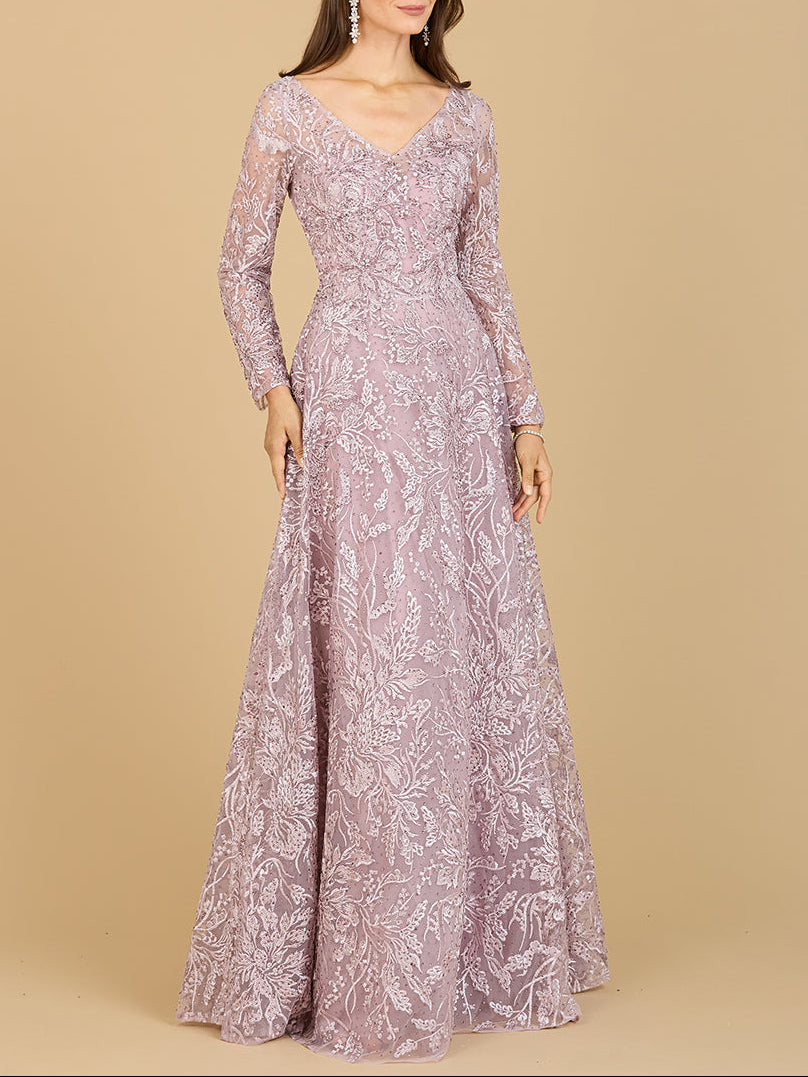 A-line Gown With Long Sleeves, V-Neckline by Lara New York