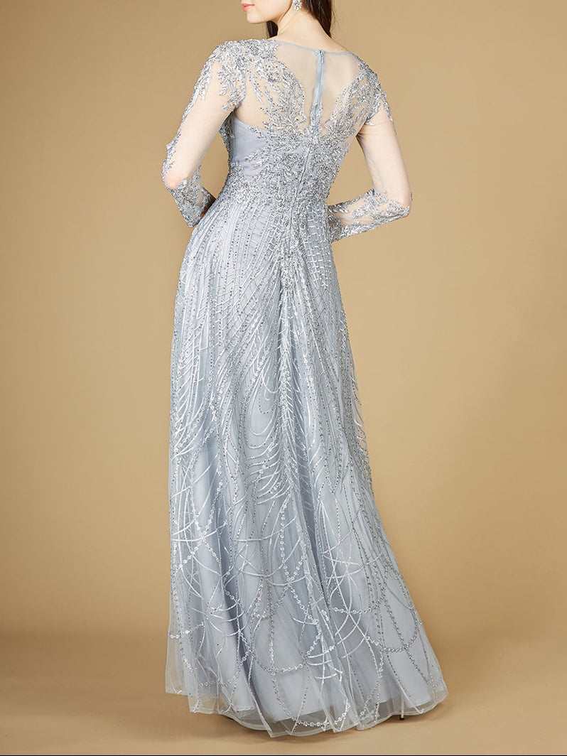 Long Sheer Sleeve V-Neckline Sheath Gown by Lara New York
