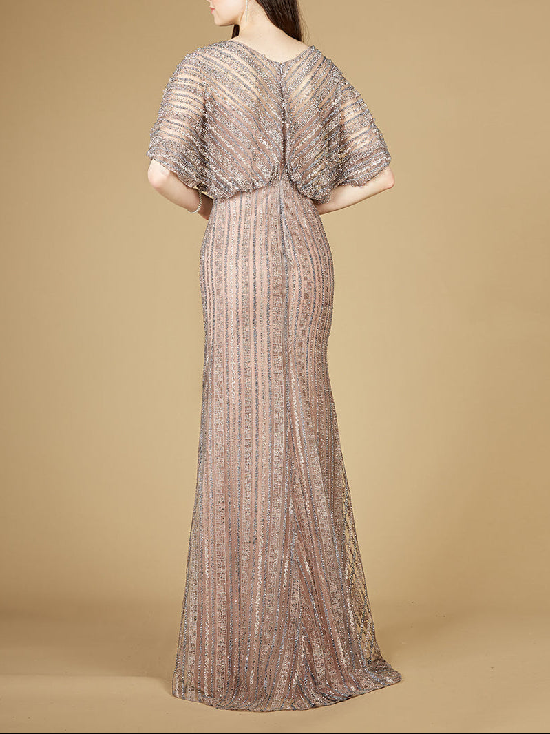 Cape Sleeve V-Neck Gown with Geometric Beading by Lara New York