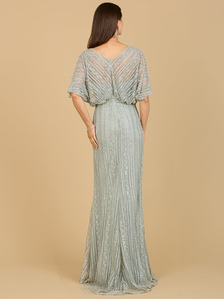 Cape Sleeve V-Neck Gown with Geometric Beading by Lara New York
