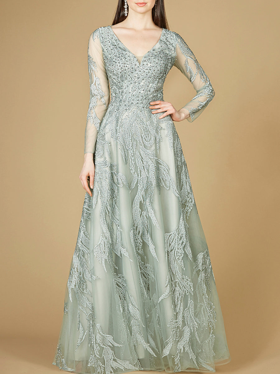 Long Sleeve Lace Ballgown with V-Neck by Lara New York