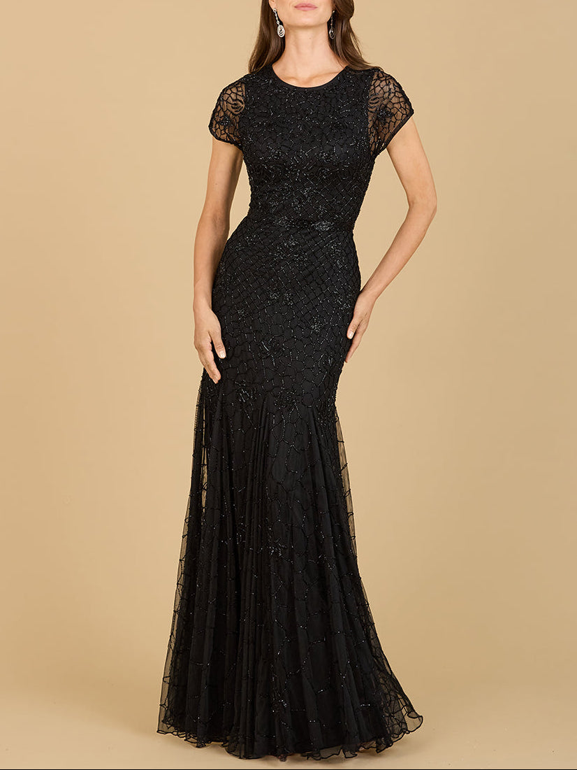 Beaded Mermaid Cap Sleeve Gown by Lara New York