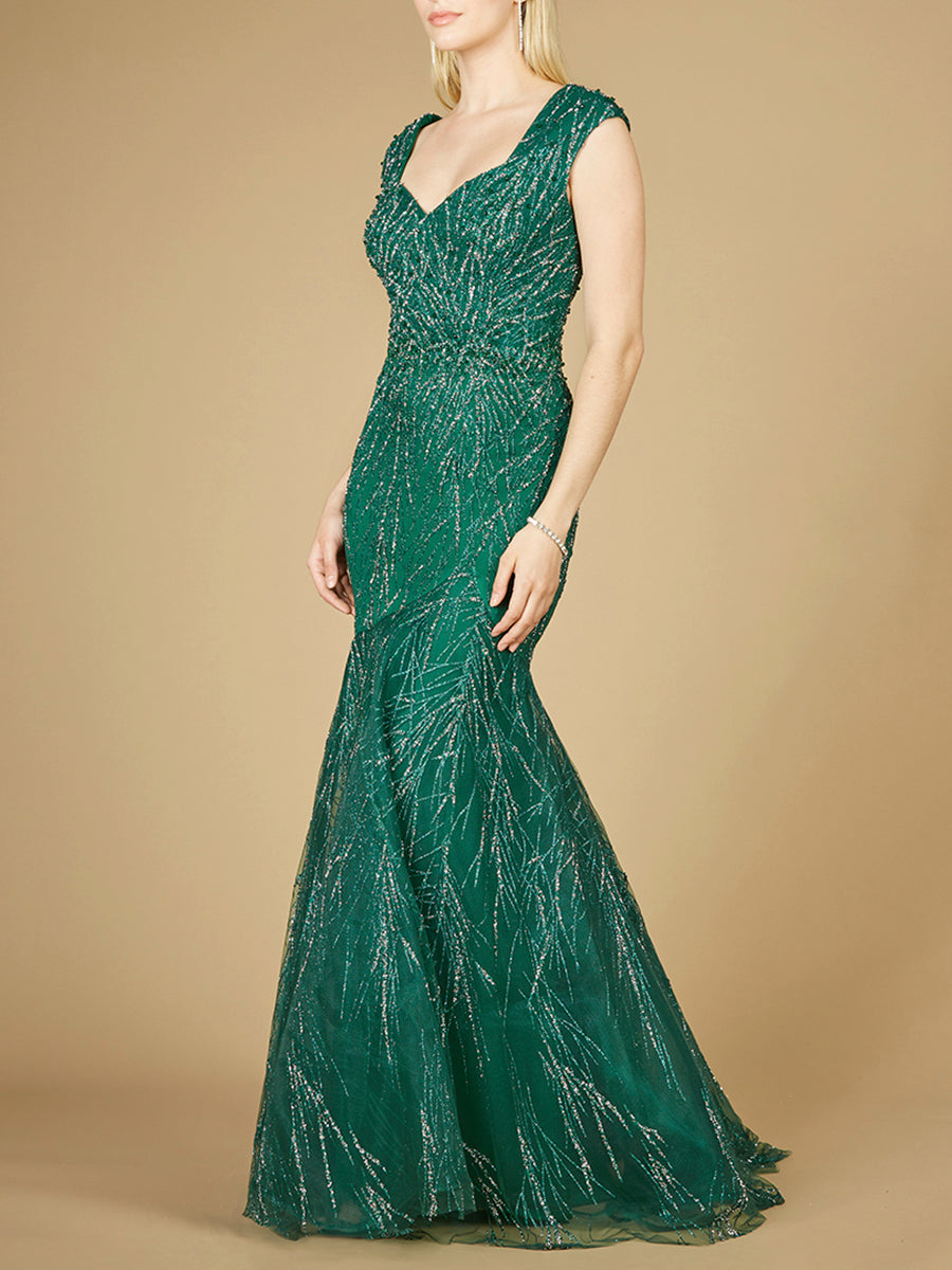 Cap Sleeve Mermaid Beaded Gown by Lara New York