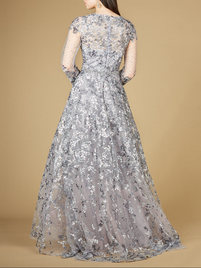 A-line Gown With Long Sleeves, V-Neckline by Lara New York