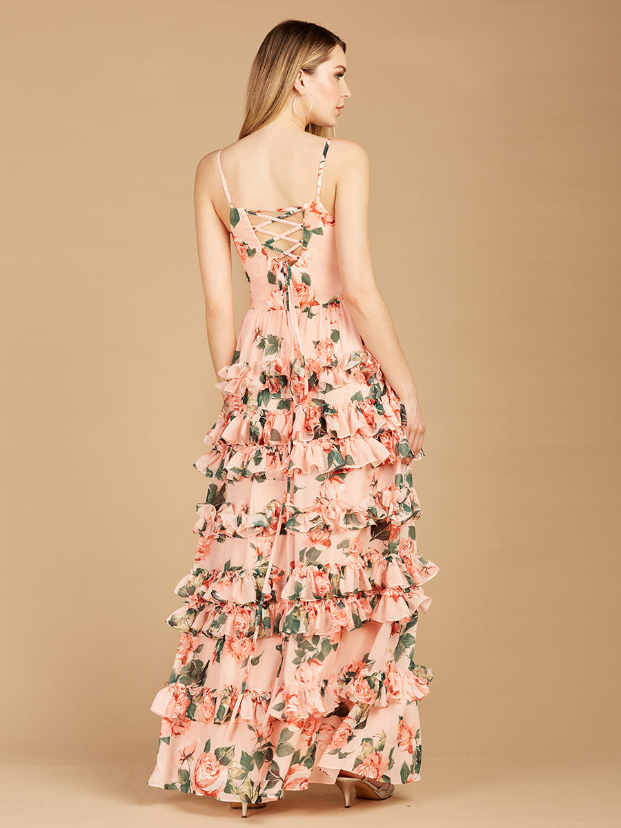 Ruffle Skirt Printed Gown with Spaghetti Straps - OUTLET by Lara New York