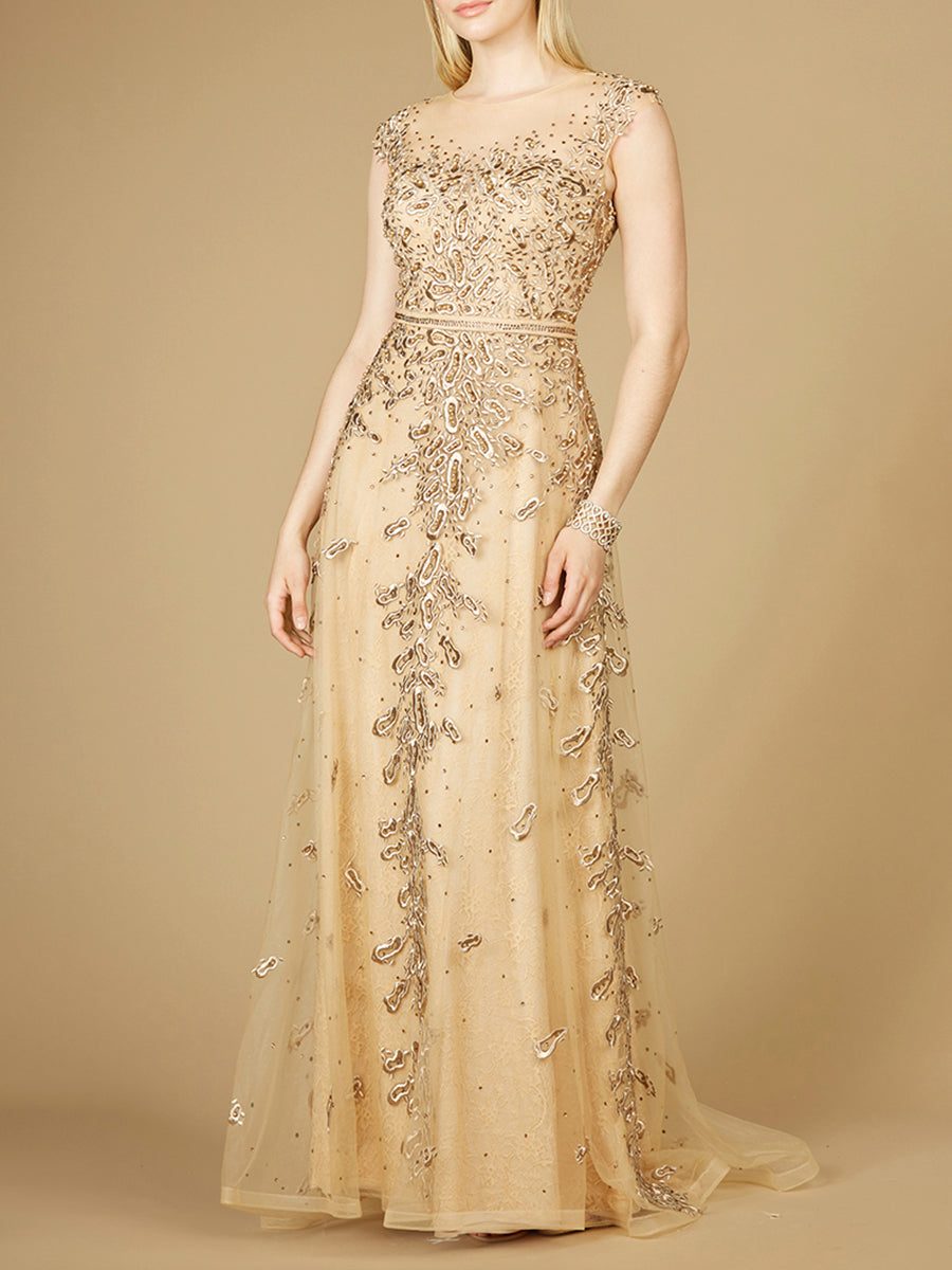 Inspired Lace Gown with Cap Sleeves by Lara New York