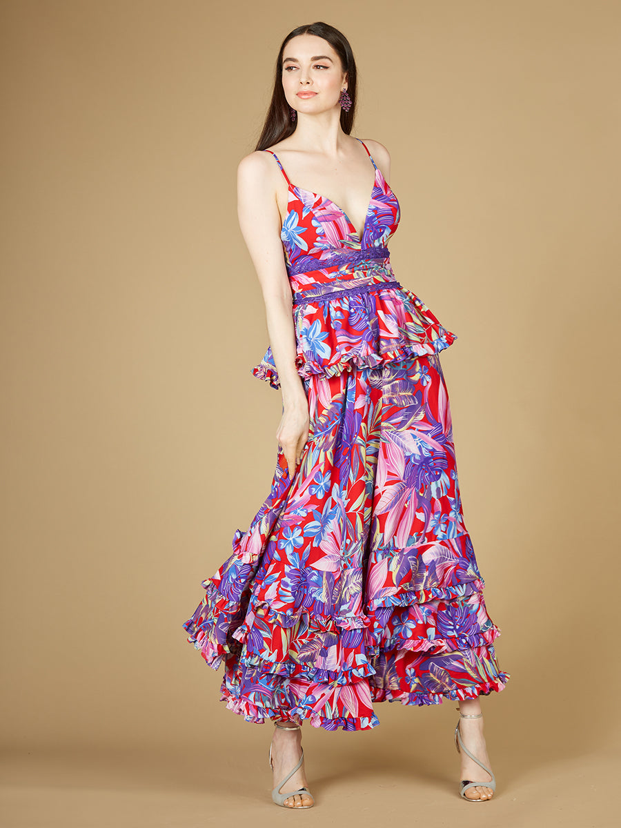 Ruffle Skirt Printed Gown - OUTLET by Lara New York