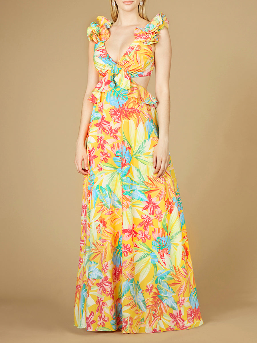 V-Neck Long Print Gown with Ruffled Straps - OUTLET by Lara New York