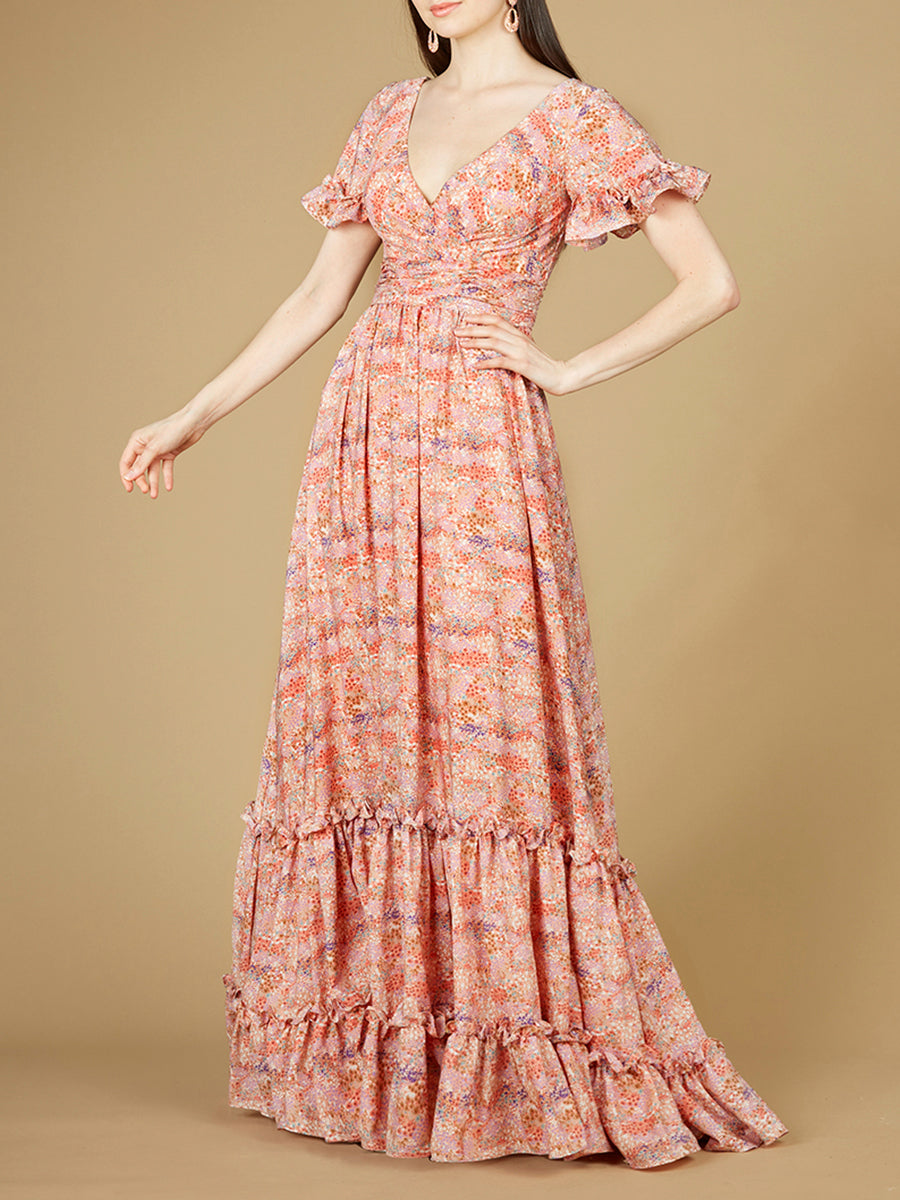 Long Print Gown with Cap Sleeves - OUTLET by Lara New York