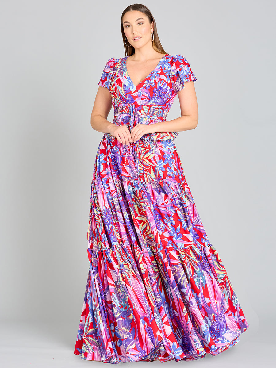 V-Neck Long Print Gown with Cap Sleeves - OUTLET by Lara New York
