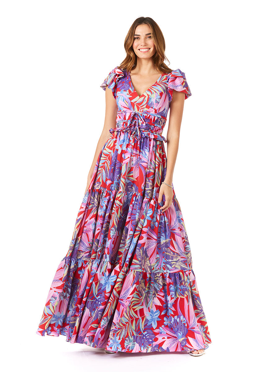 V-Neck Long Print Gown with Cap Sleeves - OUTLET by Lara New York
