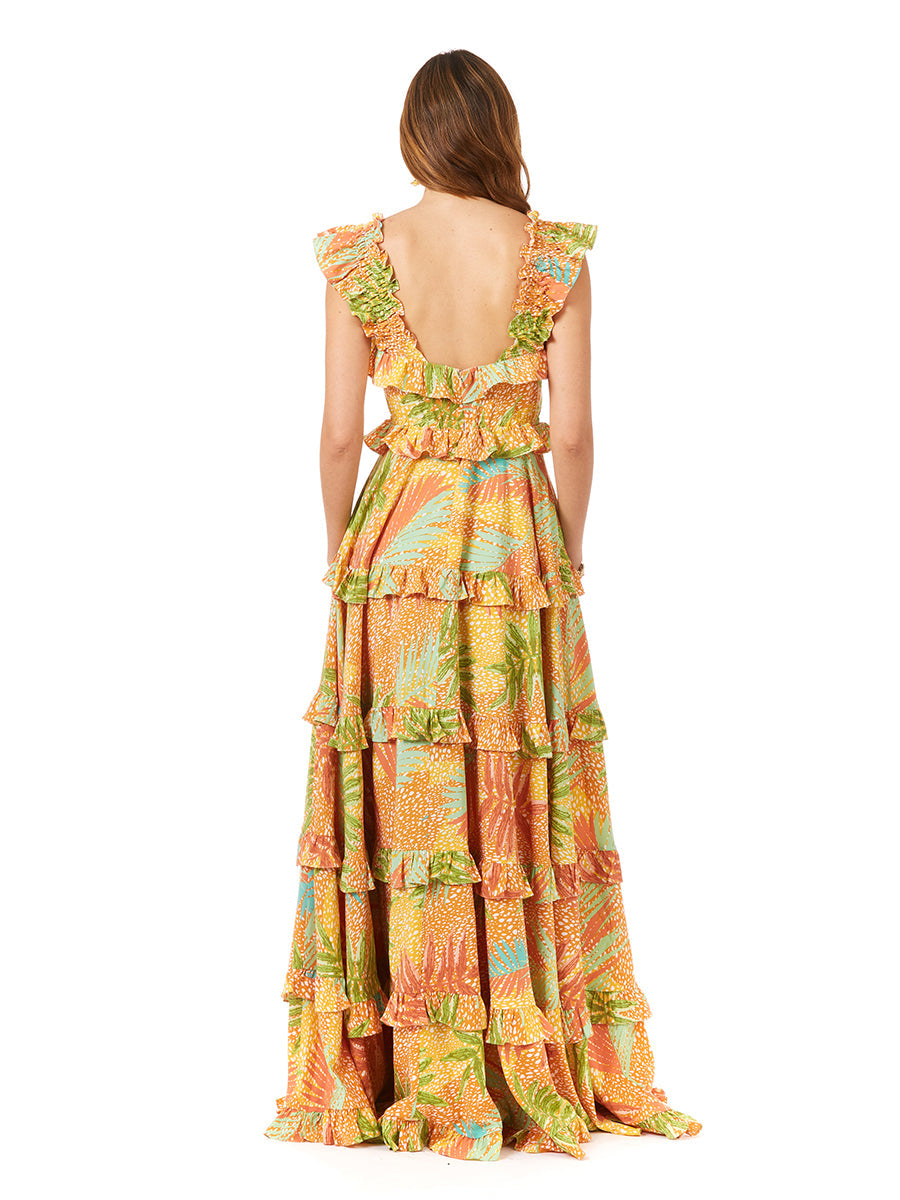 Ruffle Printed Gown with Straps OUTLET by Lara New York