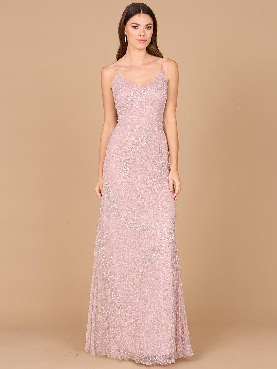 Beaded Spaghetti Strap Navy Full-Length Gown by Lara New York