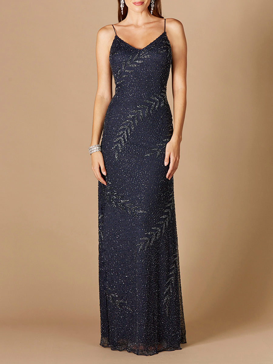 Beaded Spaghetti Strap Navy Full-Length Gown by Lara New York
