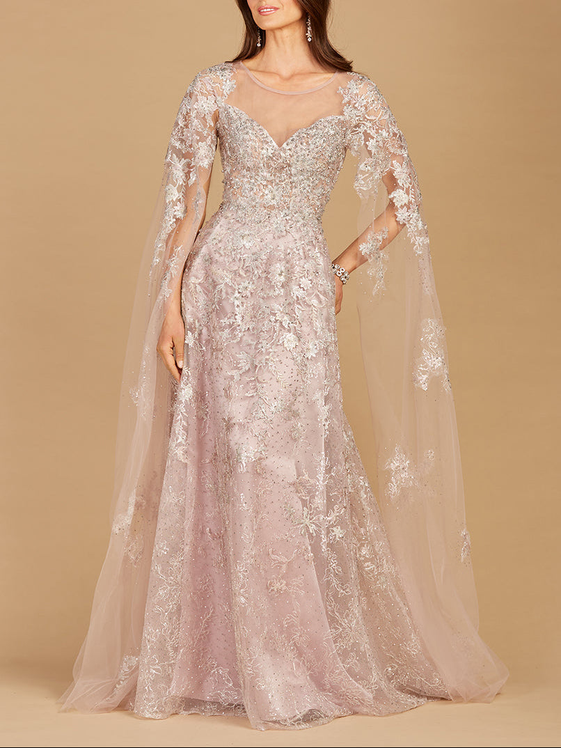Lace Gown with Cape Sleeves, Sweetheart Neckline | 29300 by Lara New York