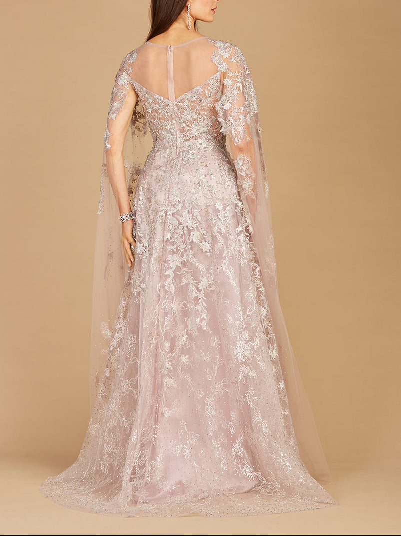 Lace Gown with Cape Sleeves, Sweetheart Neckline | 29300 by Lara New York