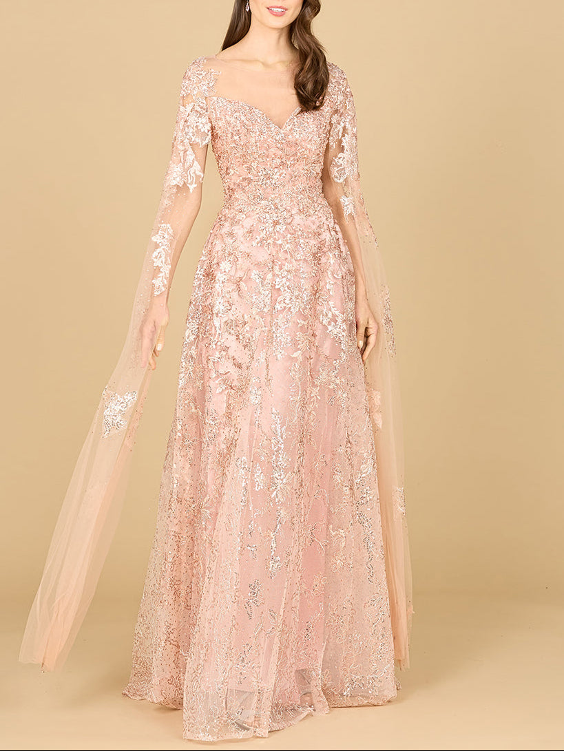 Lace Gown with Cape Sleeves, Sweetheart Neckline | 29300 by Lara New York