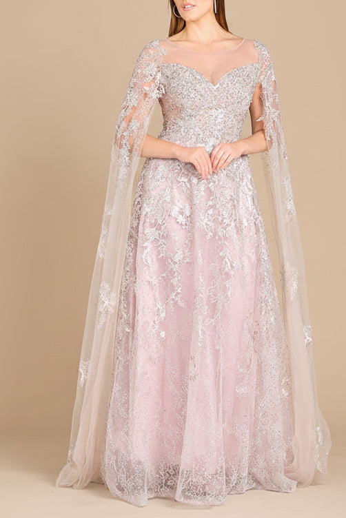 Lace Gown with Cape Sleeves, Sweetheart Neckline | 29300 by Lara New York