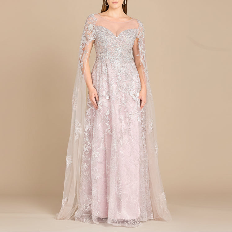 Lace Gown with Cape Sleeves, Sweetheart Neckline | 29300 by Lara New York